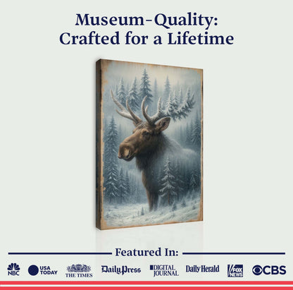 Snowy forest and moose double exposure canvas wall art by Tailored Canvases showing a winter woodland scene with a moose silhouette.