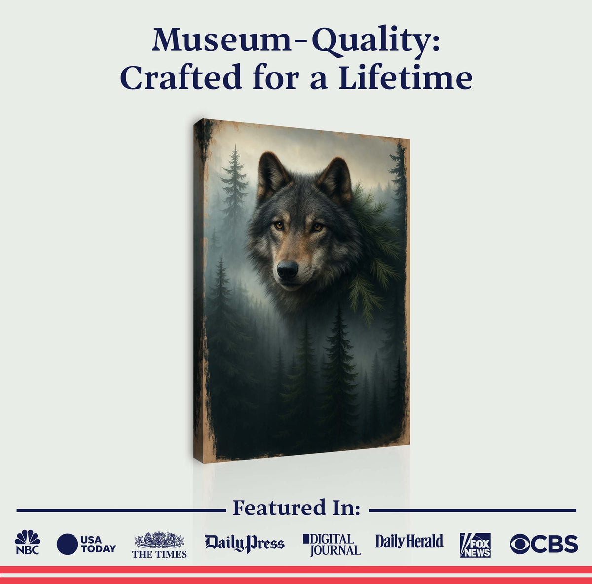 Wolf double exposure wall art canvas by Tailored Canvases featuring a striking wolf portrait with artistic double exposure effect.