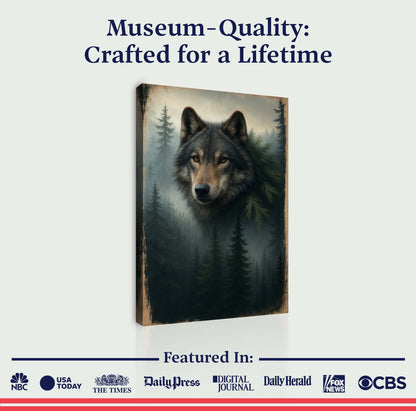 Wolf double exposure wall art canvas by Tailored Canvases featuring a striking wolf portrait with artistic double exposure effect.