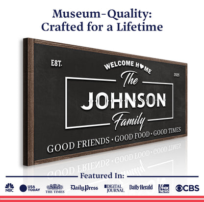 Welcome Home wall sign canvas by Tailored Canvases featuring a framed print with the phrase "Welcome Home" in elegant lettering.