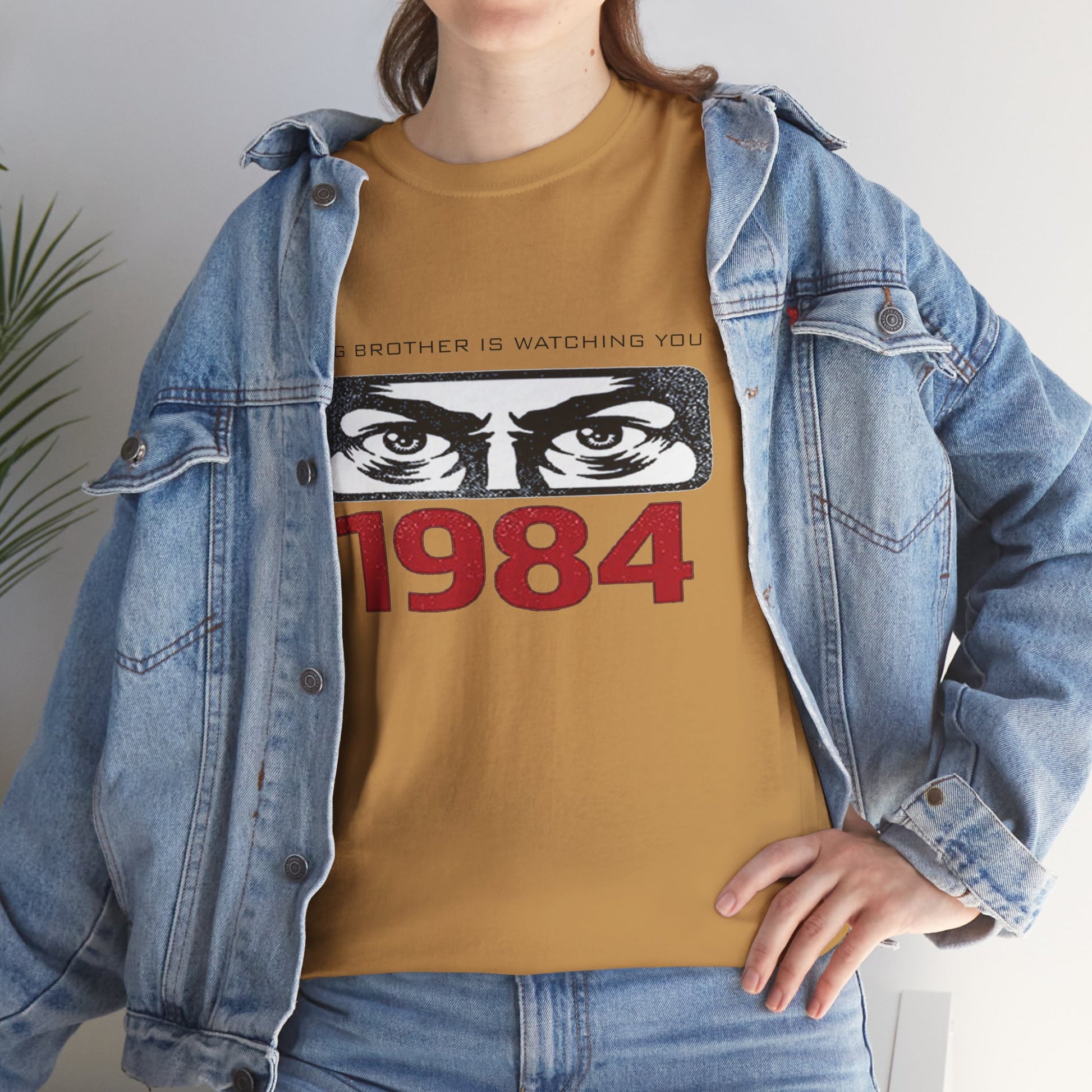 Gray Big Brother Is Watching You 1984 T-Shirt featuring George Orwell dystopian and political protest design on cotton fabric.