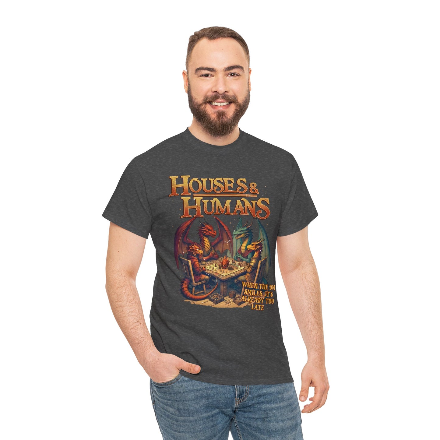 Black T-shirt featuring Houses and Humans Role-Playing Tee design for RPG and TCG fans, casual geek gift shirt.