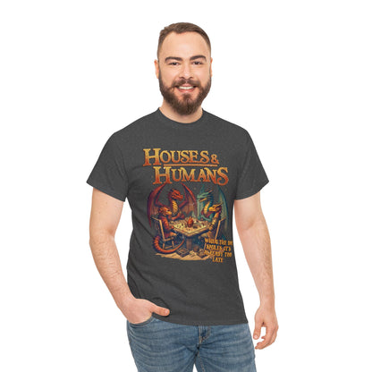 Black T-shirt featuring Houses and Humans Role-Playing Tee design for RPG and TCG fans, casual geek gift shirt.