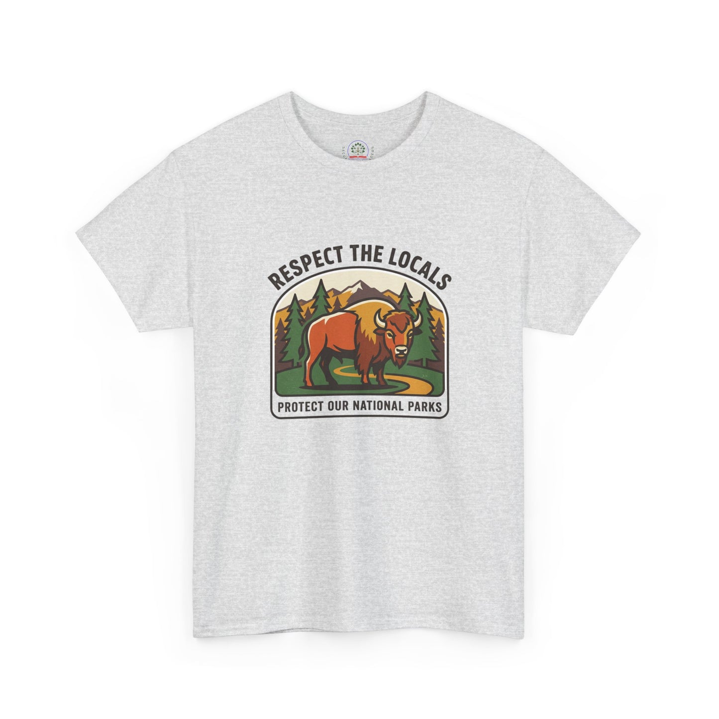 Respect the Locals Bison Patch T-Shirt featuring a bison graphic, ideal for hiking and camping souvenirs, by Printify.