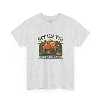 Respect the Locals Bison Patch T-Shirt featuring a bison graphic, ideal for hiking and camping souvenirs, by Printify.