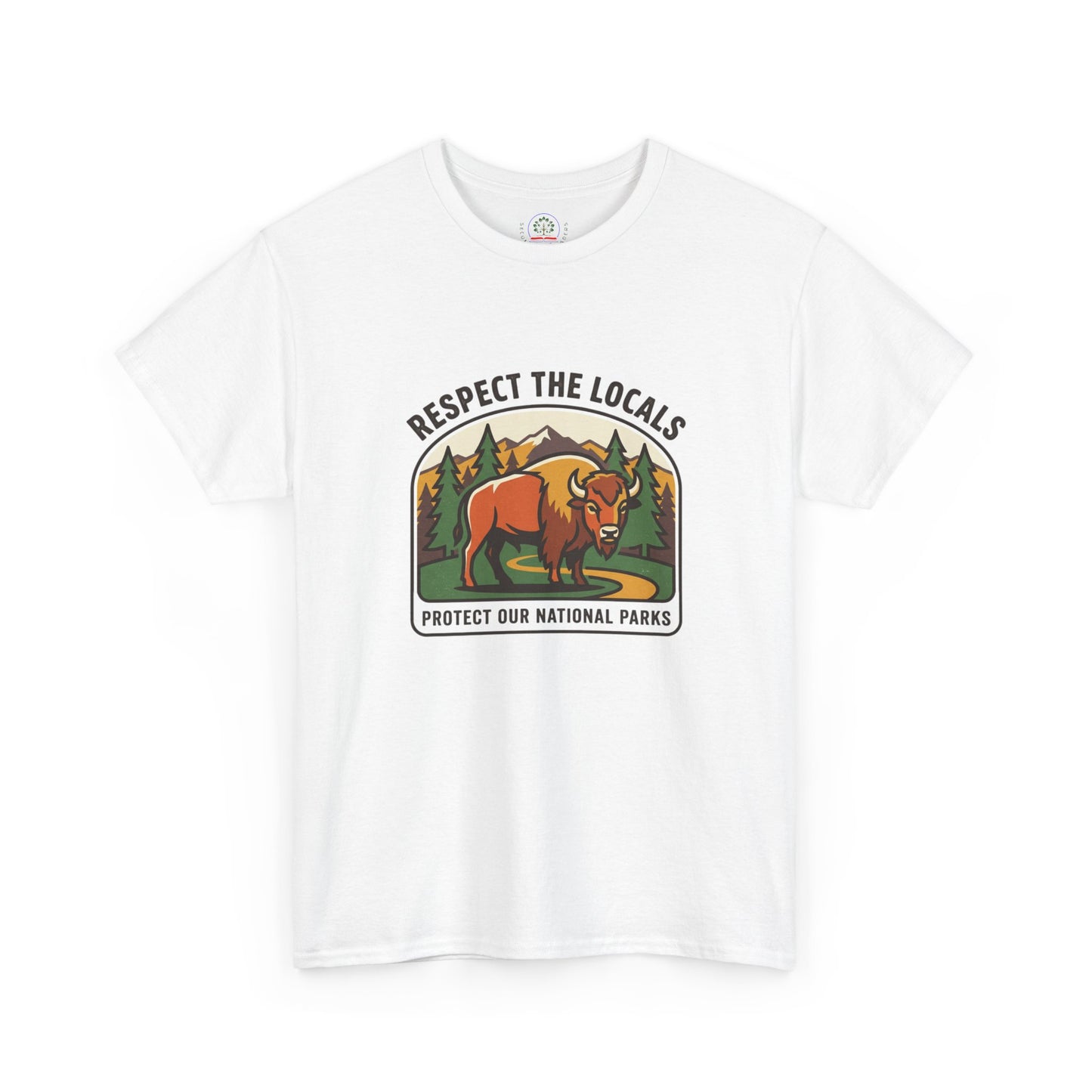 Respect the Locals Bison Patch T-Shirt featuring a bison graphic, perfect for outdoor enthusiasts and national park supporters.