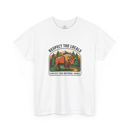 Respect the Locals Bison Patch T-Shirt featuring a bison graphic, perfect for outdoor enthusiasts and national park supporters.