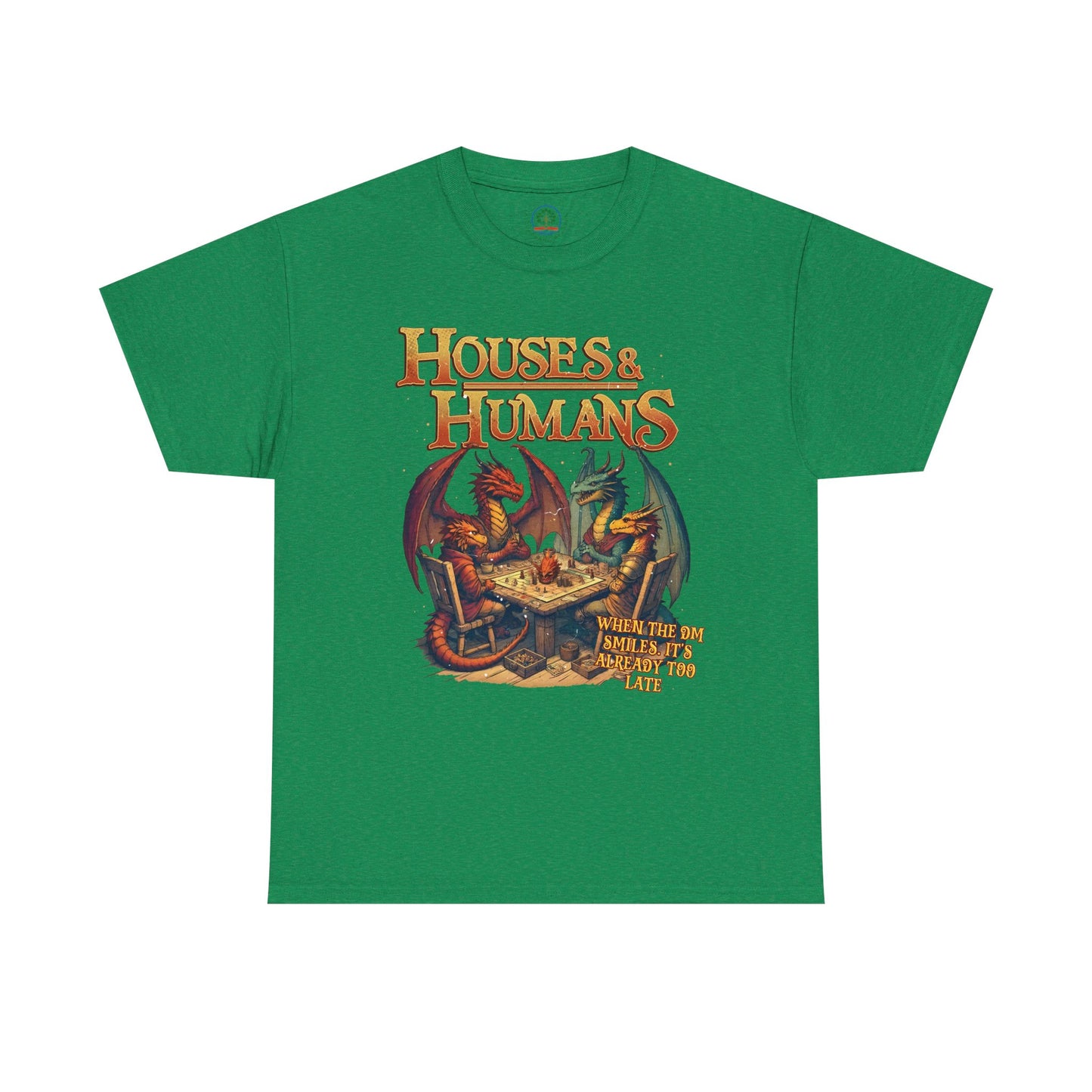 Houses and Humans Role-Playing Tee, graphic T-shirt featuring fantasy-themed design for RPG and MTG fans, casual geek gift shirt