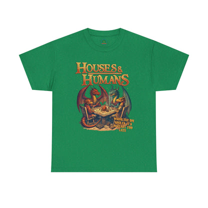 Houses and Humans Role-Playing Tee, graphic T-shirt featuring fantasy-themed design for RPG and MTG fans, casual geek gift shirt