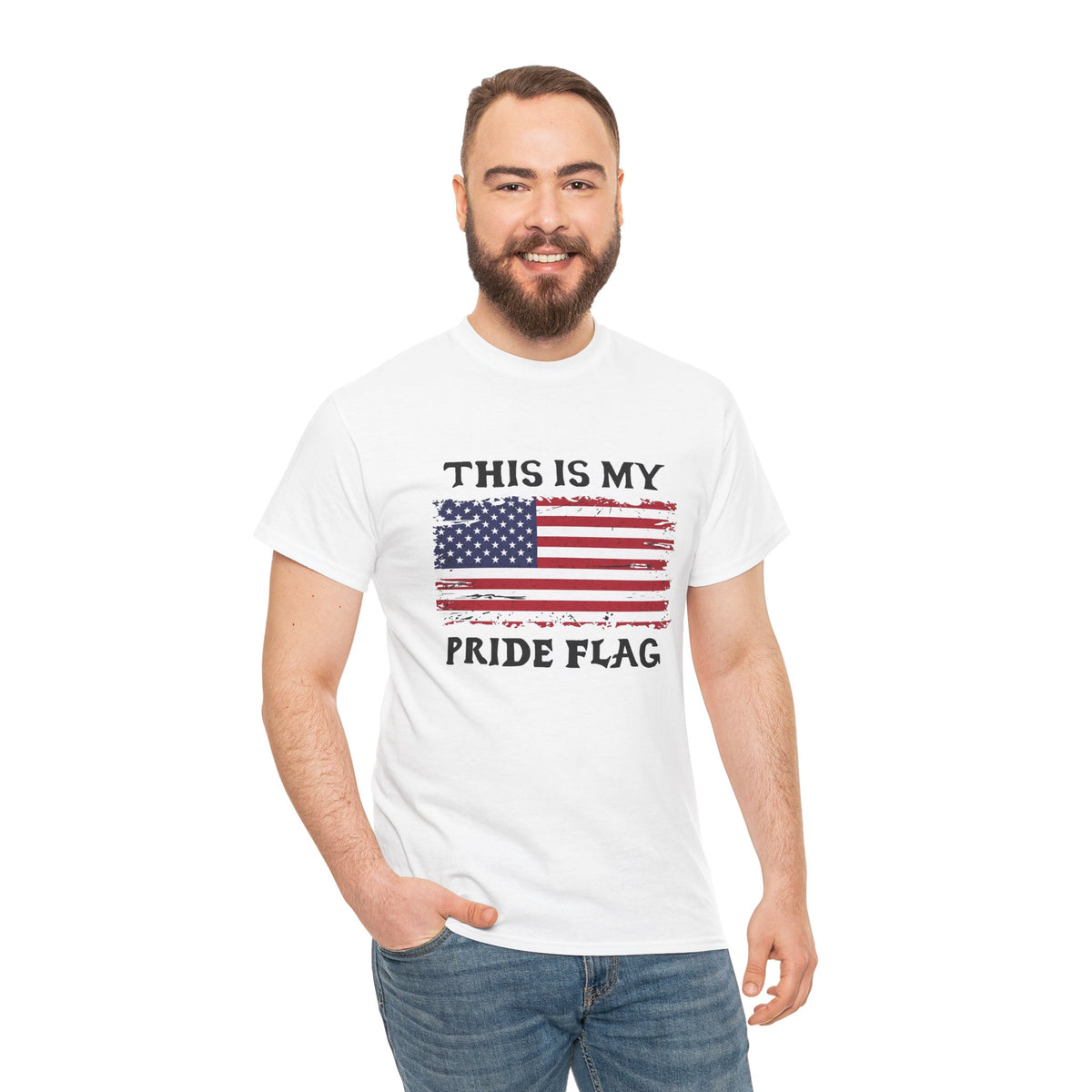 Unisex patriotic T-shirt featuring distressed American flag design with "This Is My Pride Flag" slogan, made by Printify.