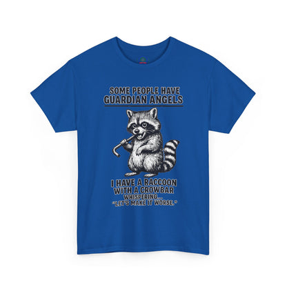 Raccoon with crowbar graphic T-shirt by Printify featuring the phrase "Some People Have Guardian Angels" on a casual cotton tee.