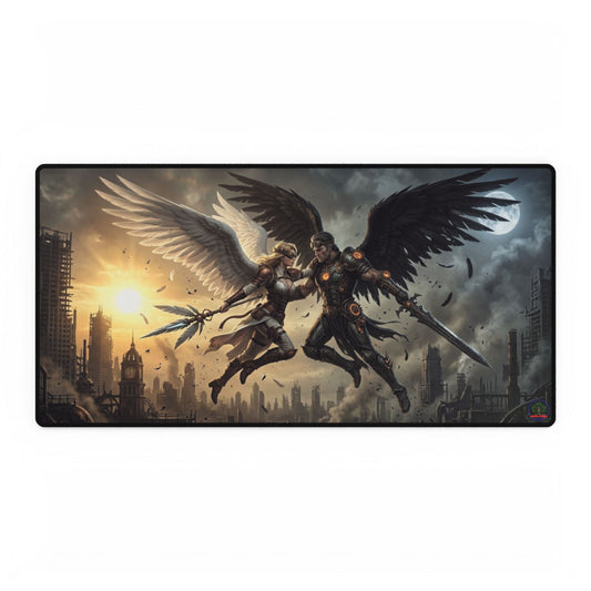 Clash of Angels cyberpunk-themed gaming desk mat and oversized mousepad featuring vibrant, detailed artwork for MTG and TCG gaming.