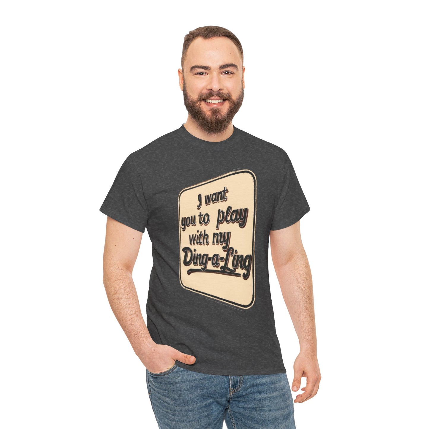 Retro graphic T-shirt by Printify featuring Chuck Berry's "I Want You to Play with My Ding-a-Ling" humorous print.