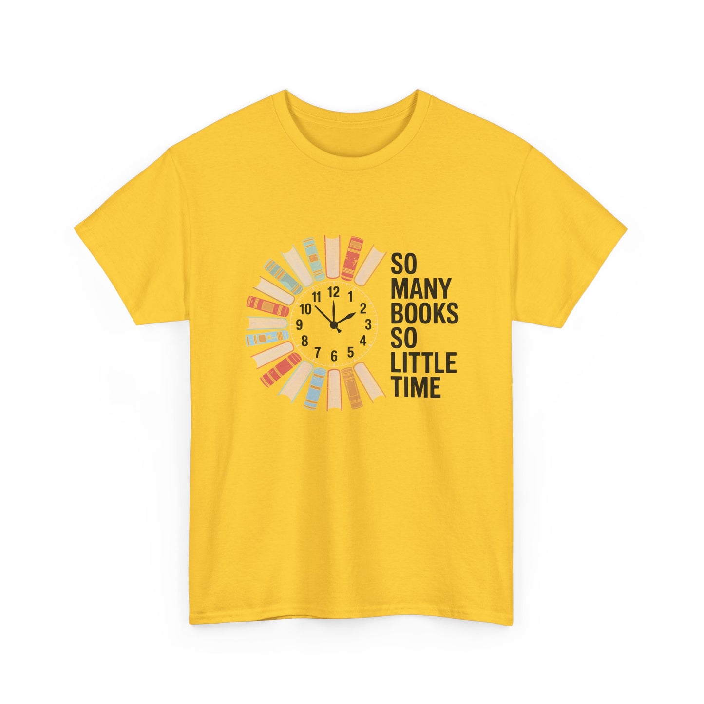 Black T-shirt with a reading clock design and "So Many Books So Little Time" text, perfect for book lovers and reading enthusiasts.