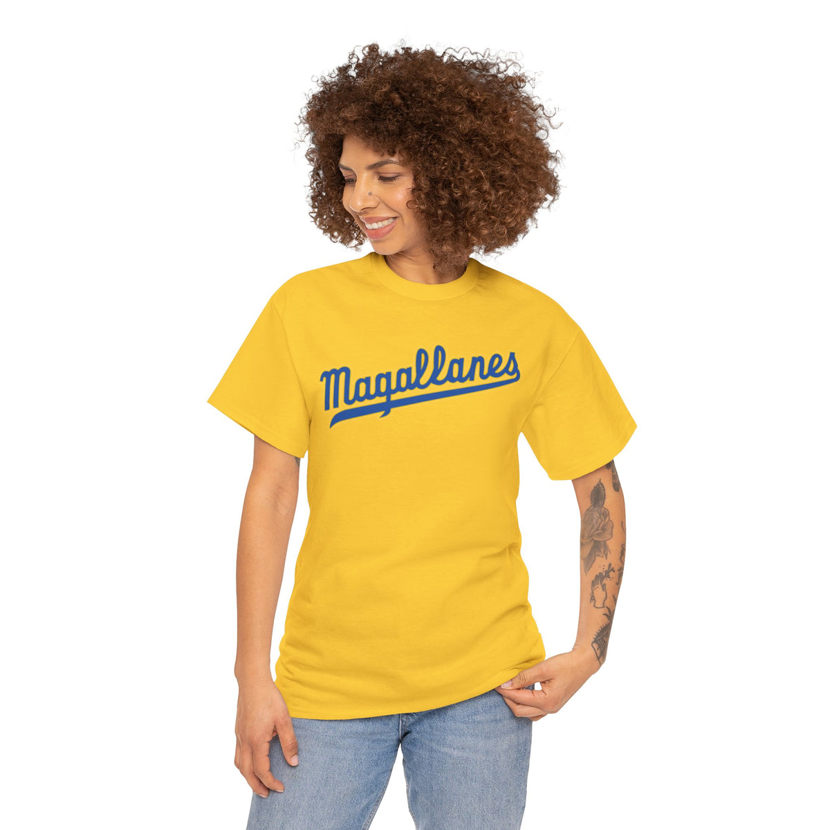 Venezuelan Navegantes del Magallanes baseball fan T-shirt in unisex softstyle, featuring team logo and vibrant navy and yellow colors.
