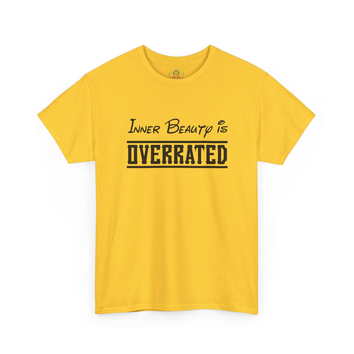 Unisex graphic tee with "Inner Beauty Is Overrated" humorous slogan, casual fit, black fabric, printed by Printify.