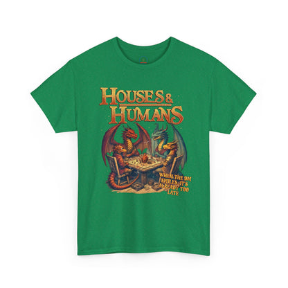 Houses and Humans Role-Playing T-shirt by Printify featuring fantasy-themed graphic for RPG and geek gaming enthusiasts.