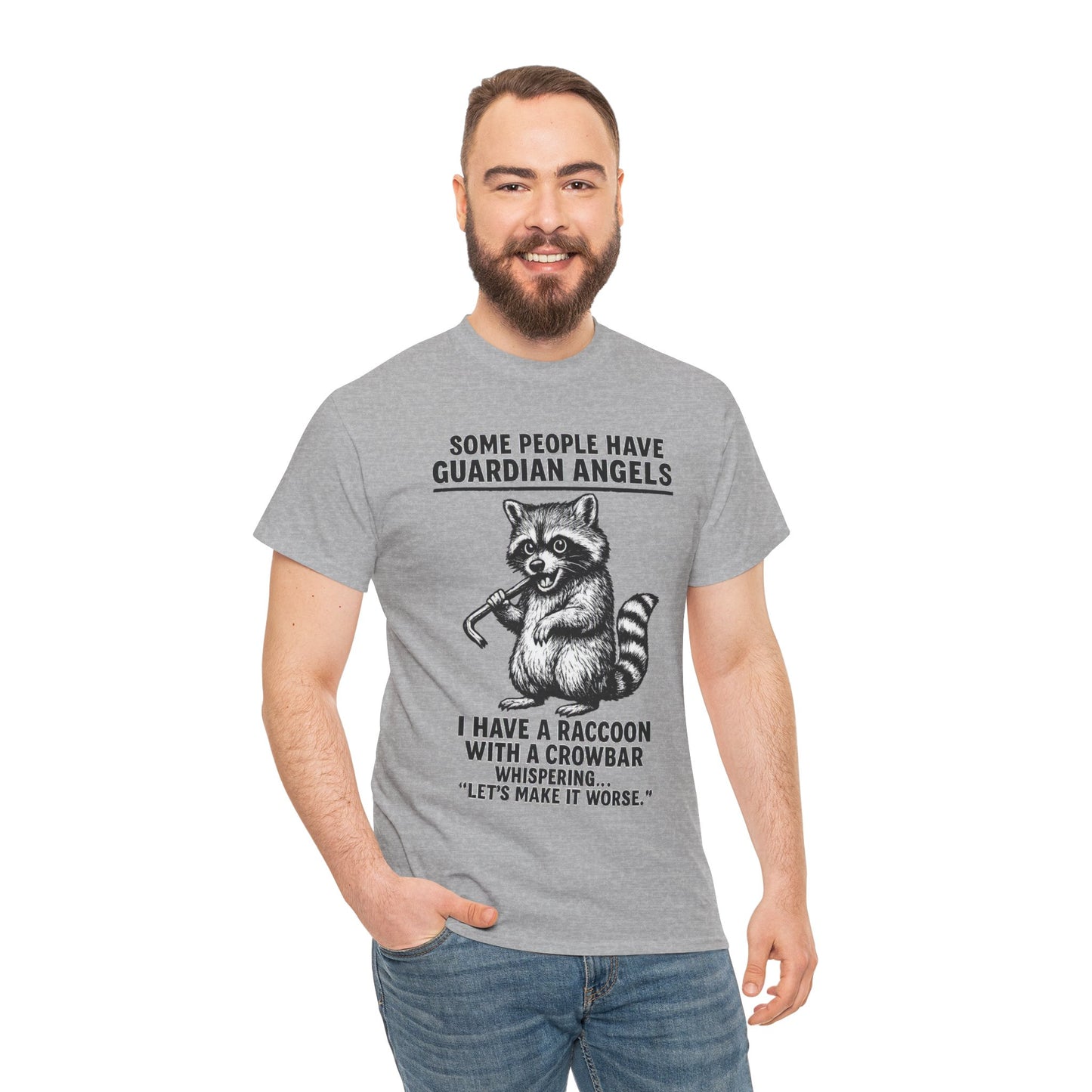 Raccoon with crowbar graphic T-shirt by Printify showing a raccoon holding a crowbar on a casual black T-shirt.