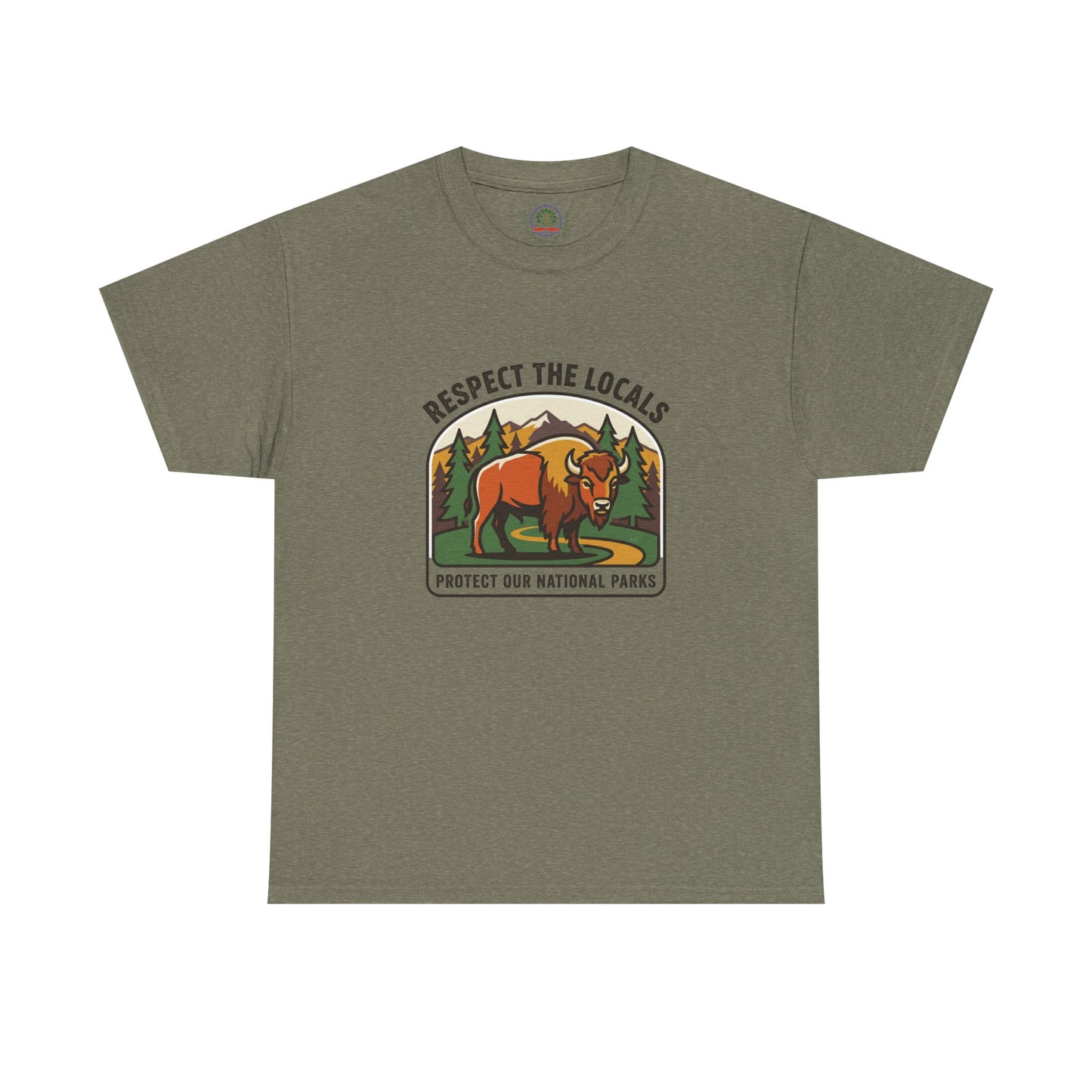 Respect the Locals Bison Patch T-Shirt featuring a bison graphic, perfect for national parks hiking and camping souvenirs.