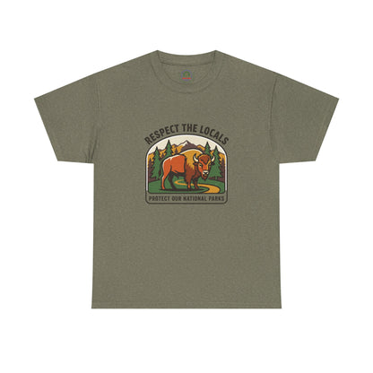 Respect the Locals Bison Patch T-Shirt featuring a bison graphic, perfect for national parks hiking and camping souvenirs.