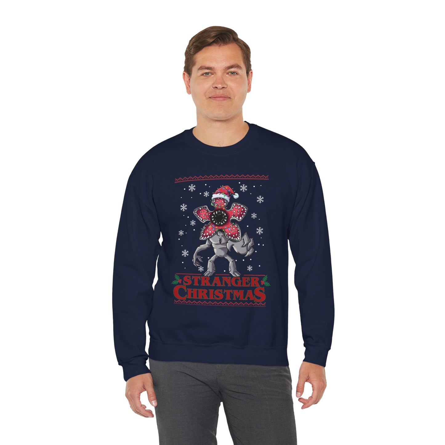 Stranger Christmas Crewneck Sweatshirt — Retro Holiday Stranger Things Demogorgon Design, Ugly Sweater