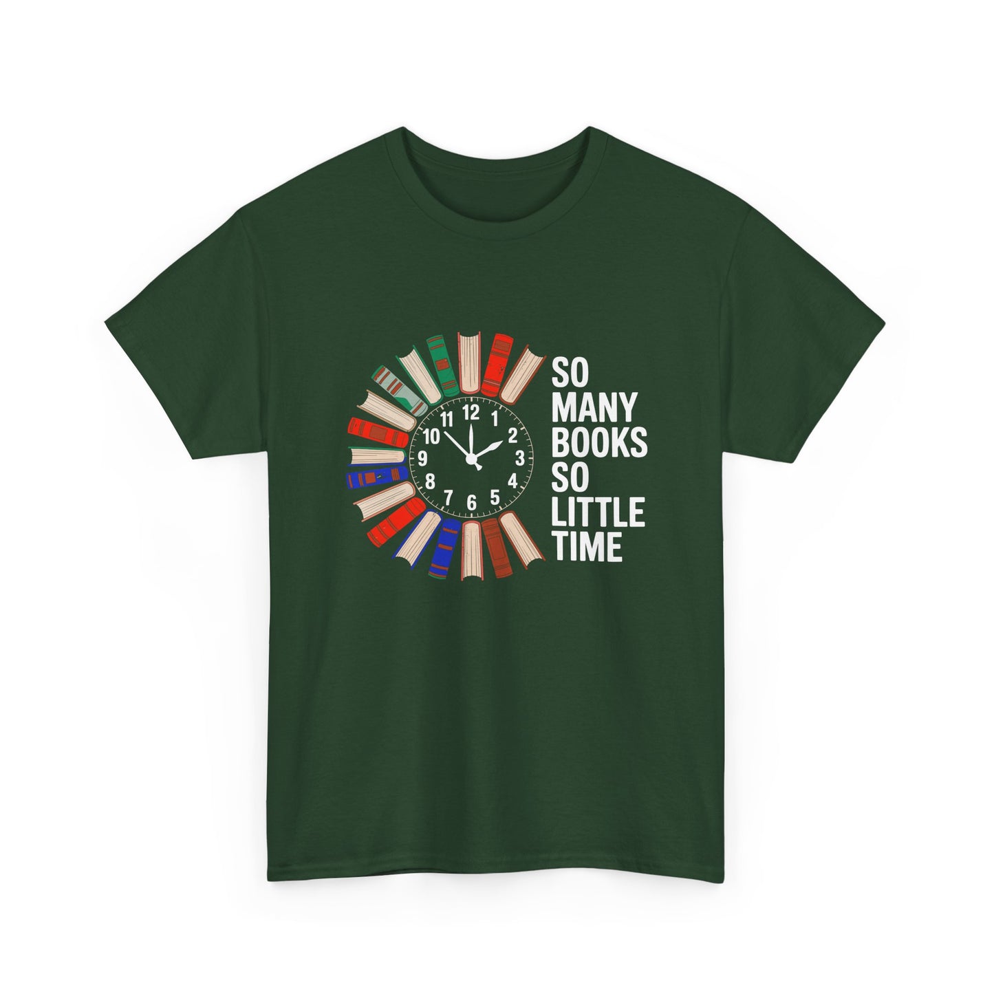 Printify T-shirt with reading clock and book lover design, "So Many Books So Little Time" text, perfect for book enthusiasts.