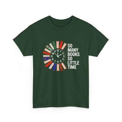 Printify T-shirt with reading clock and book lover design, "So Many Books So Little Time" text, perfect for book enthusiasts.
