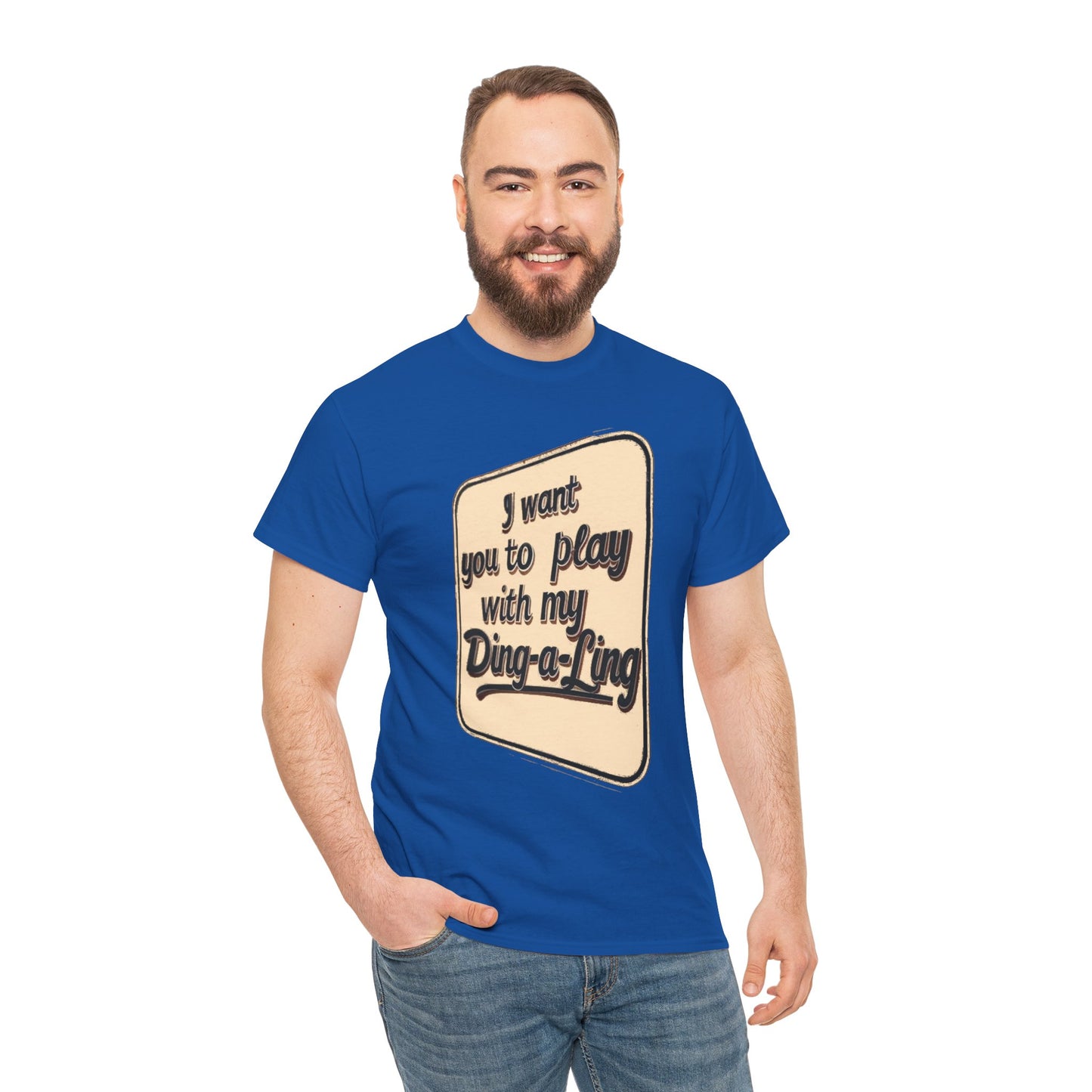 Retro Chuck Berry graphic T-shirt with humorous "I Want You to Play with My Ding-a-Ling" design, casual novelty tee from Printify