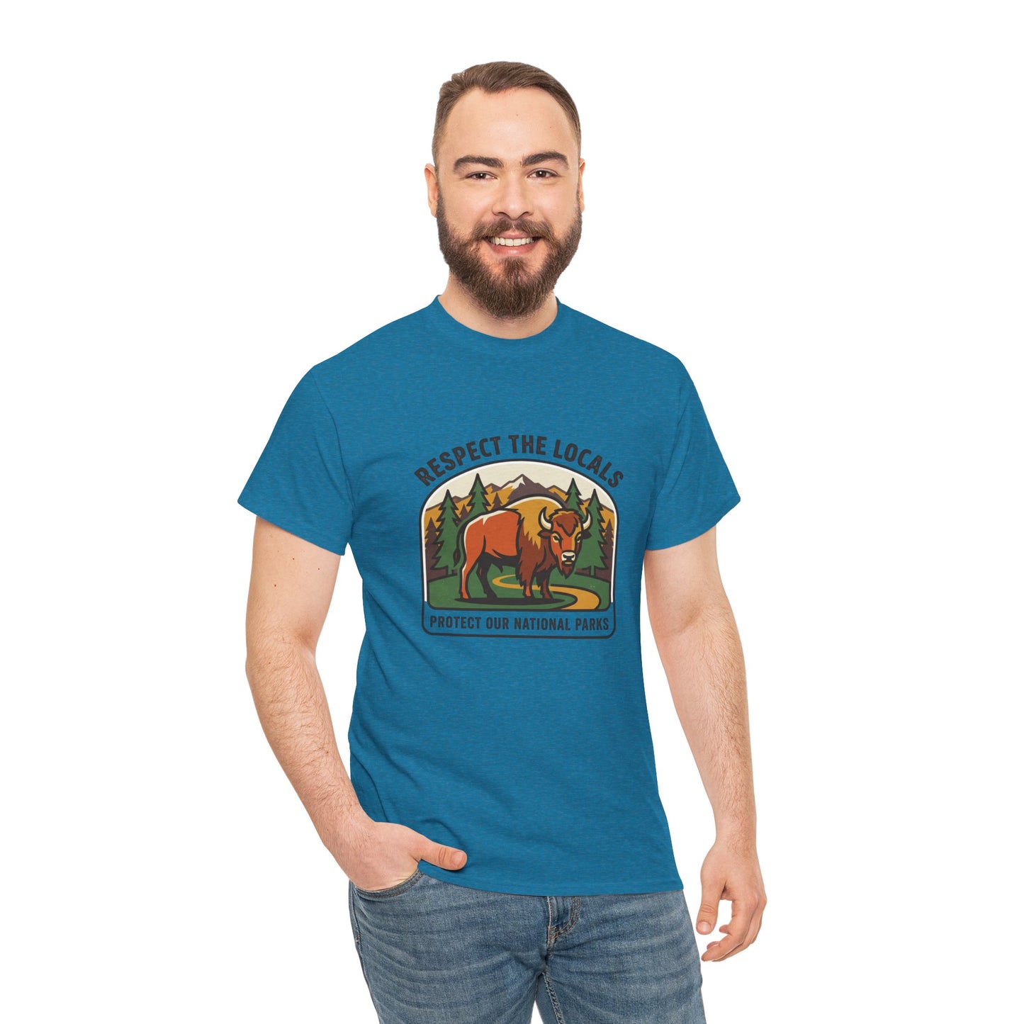 Respect the Locals Bison patch T-shirt featuring a bison graphic, ideal for national parks, hiking, and camping enthusiasts.
