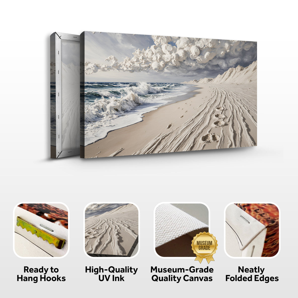 Canvas wall art featuring footprints in the sand by Tailored Canvases, showcasing a serene beach scene with textured detail.