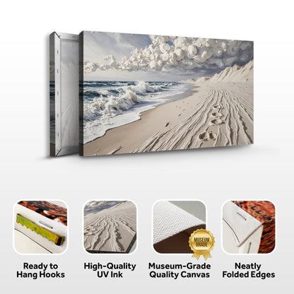 Canvas wall art featuring footprints in the sand by Tailored Canvases, showcasing a serene beach scene with textured detail.