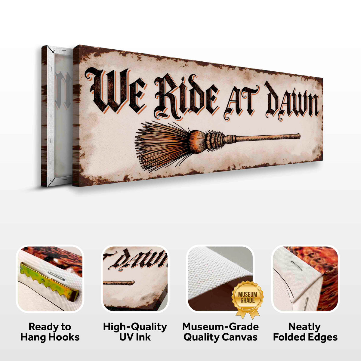Decorative Halloween wall sign on canvas featuring "We Ride At Dawn" message, by Tailored Canvases, with spooky design elements.