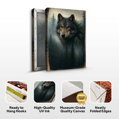 Wolf Double Exposure Wall Art canvas by Tailored Canvases, featuring a striking double exposure wolf design on a textured canvas.