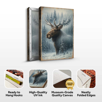 Snowy forest scene with a moose double exposure wall art canvas by Tailored Canvases, featuring winter trees and wildlife.