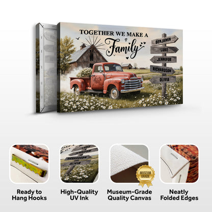 Personalized family farmhouse old truck canvas wall art featuring a vintage truck and rustic farmhouse scene.