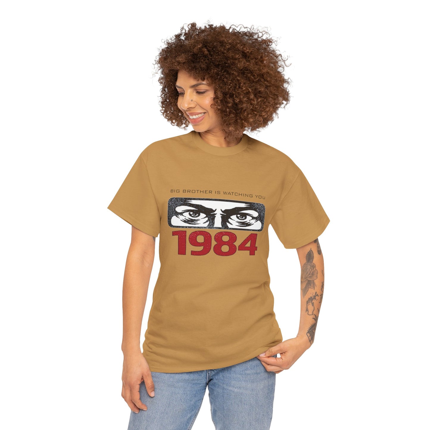 Gray Big Brother Is Watching You 1984 T-Shirt by Printify featuring George Orwell dystopian design and political protest message.