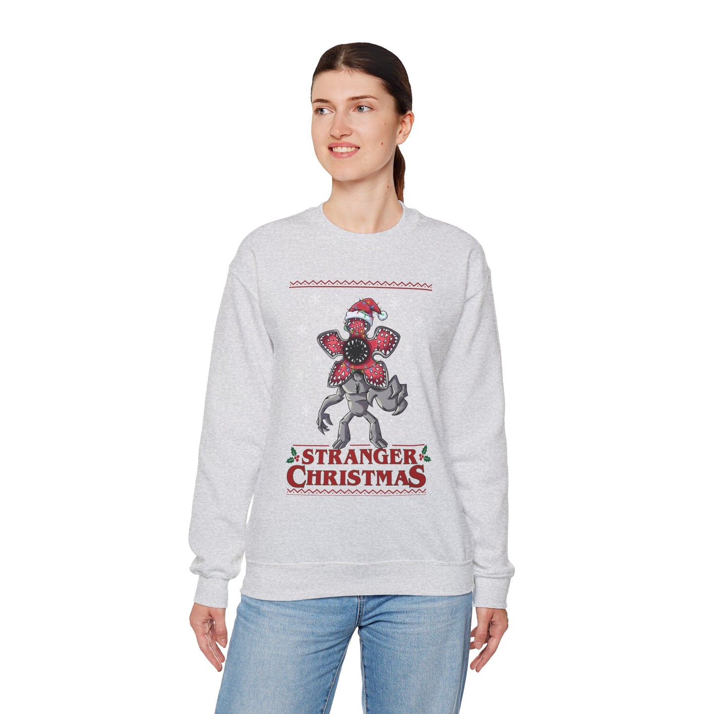 Stranger Christmas Crewneck Sweatshirt — Retro Holiday Stranger Things Demogorgon Design, Ugly Sweater