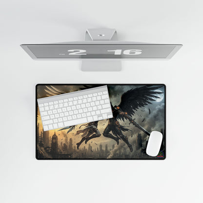 Clash of Angels cyberpunk-themed gaming desk mat featuring vibrant artwork, oversized mousepad for MTG TCG and gaming setups.