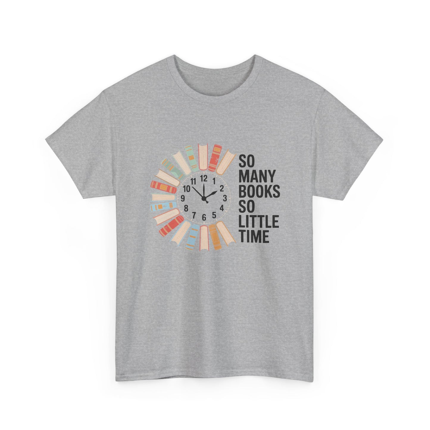 White T-shirt featuring a reading clock design with the phrase "So Many Books So Little Time" for book lovers.