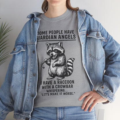 Raccoon with crowbar graphic T-shirt featuring the phrase "Some People Have Guardian Angels" on a Printify tee.