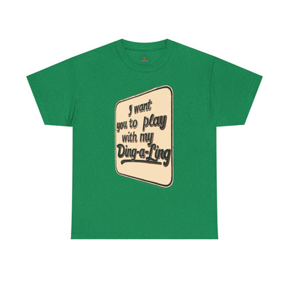 Retro graphic T-shirt by Printify featuring Chuck Berry's humorous "I Want You to Play with My Ding-a-Ling" design.