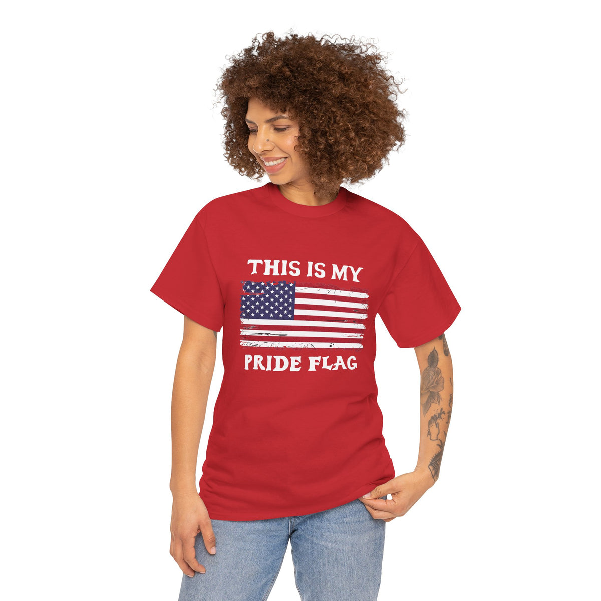 Unisex patriotic T-shirt with distressed American flag design and "This Is My Pride Flag" slogan, by Printify.