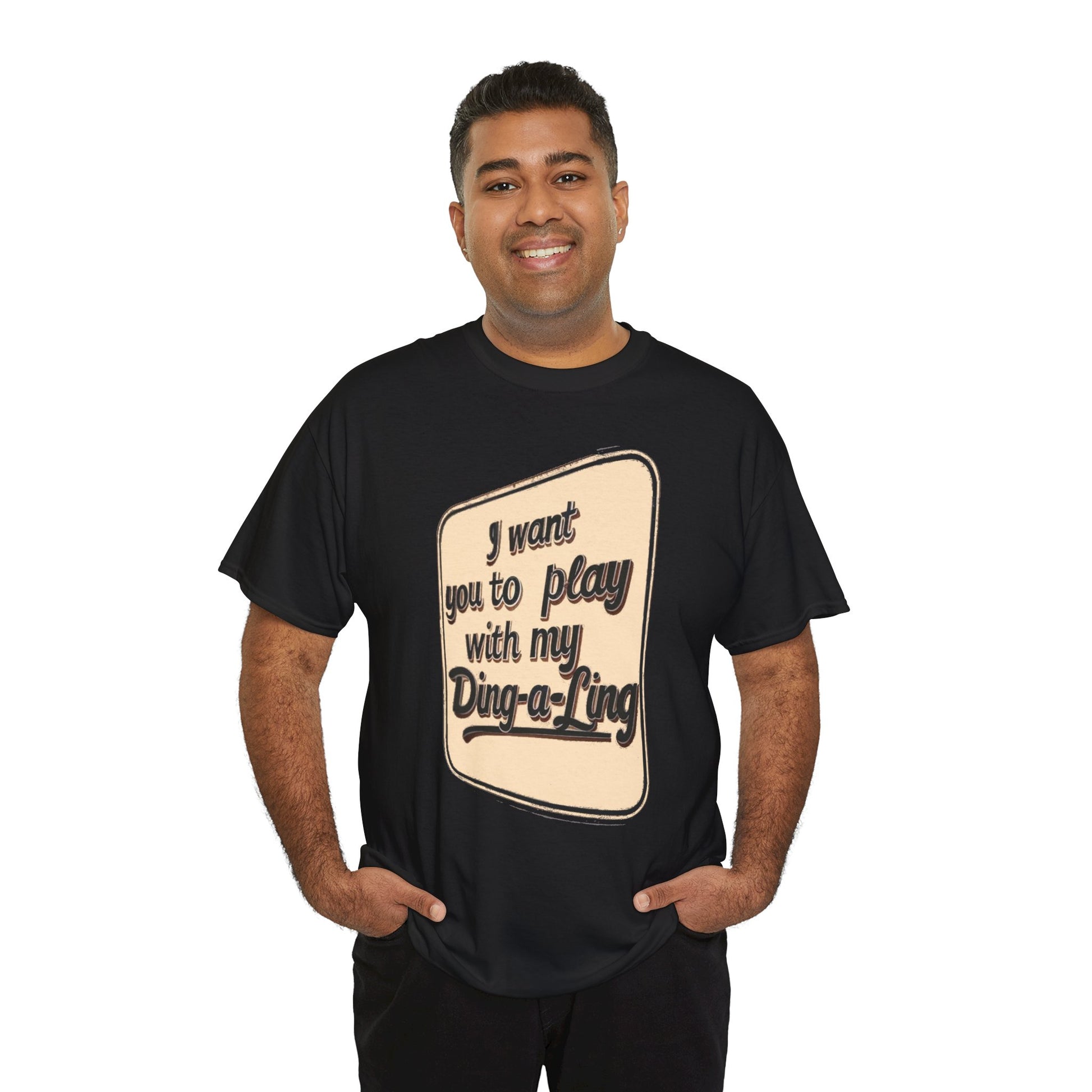 Graphic T-shirt featuring humorous Chuck Berry "Ding-a-Ling" design, retro novelty style, by Printify.