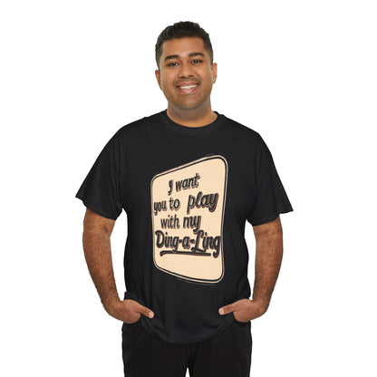 Graphic T-shirt featuring humorous Chuck Berry "Ding-a-Ling" design, retro novelty style, by Printify.