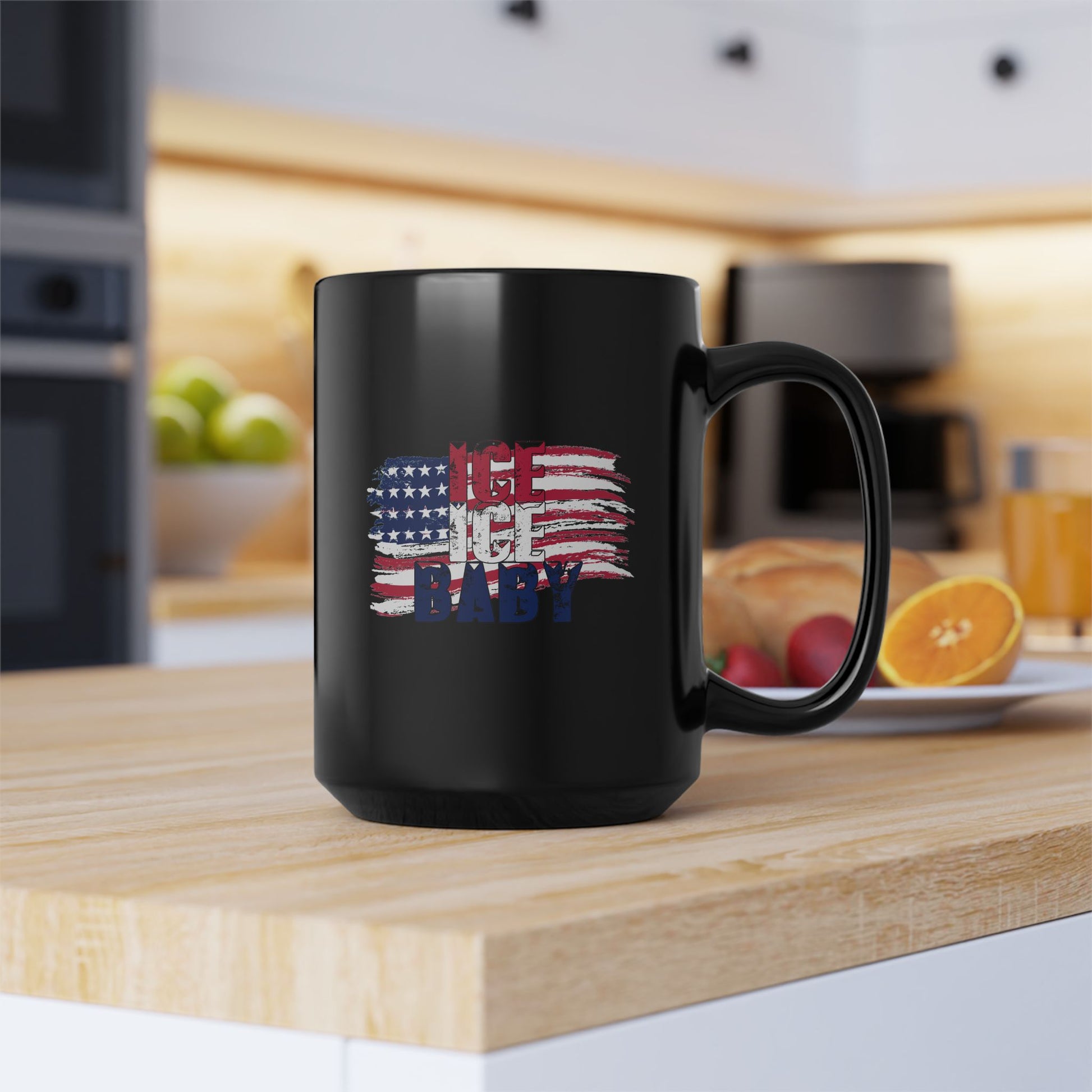 Patriotic Mug Black 15oz Ceramic, Ice Ice Baby American Flag, America First, Red White and Blue, USA - Secondhand Readers