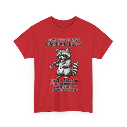 Raccoon with crowbar graphic T-shirt by Printify featuring the phrase "Some People Have Guardian Angels" in black on white fabric.
