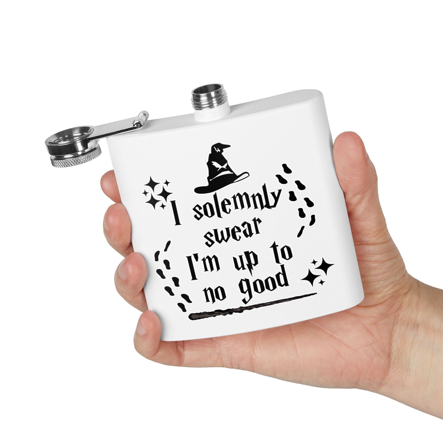 Stainless steel 6oz mug with "I Solemnly Swear I Am Up To No Good" quote, perfect for Harry Potter fans.