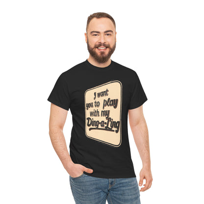 Retro graphic T-shirt by Printify featuring Chuck Berry's "I Want You to Play with My Ding-a-Ling" humorous design.