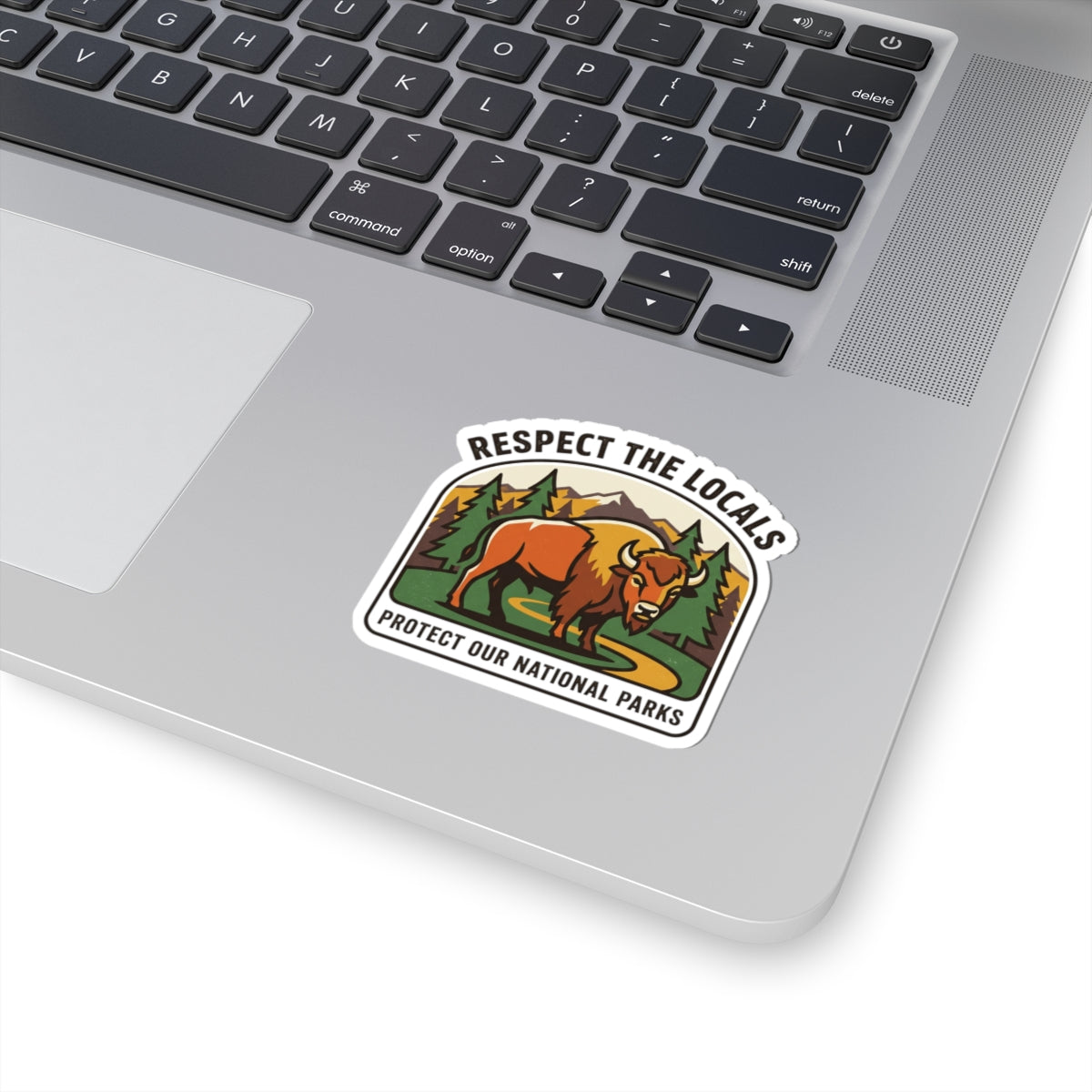 Respect the Locals buffalo sticker featuring a protect our national parks design, ideal for hiking and camping enthusiasts.