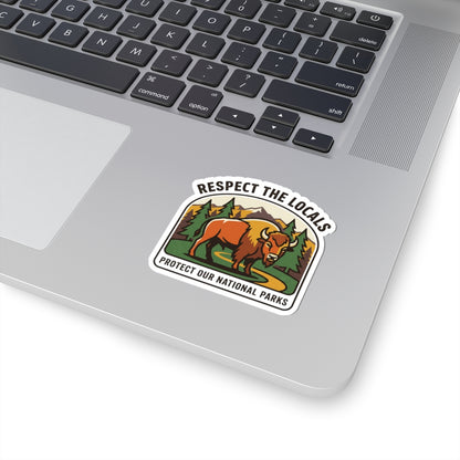 Respect the Locals buffalo sticker featuring a protect our national parks design, ideal for hiking and camping enthusiasts.